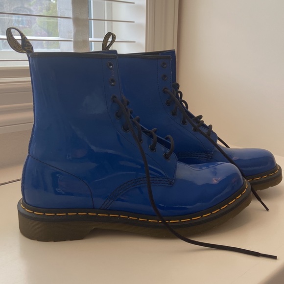 Dr. Martens 1460 Lace Up Boots in Electric Blue Patent Leather - Picture 2 of 8